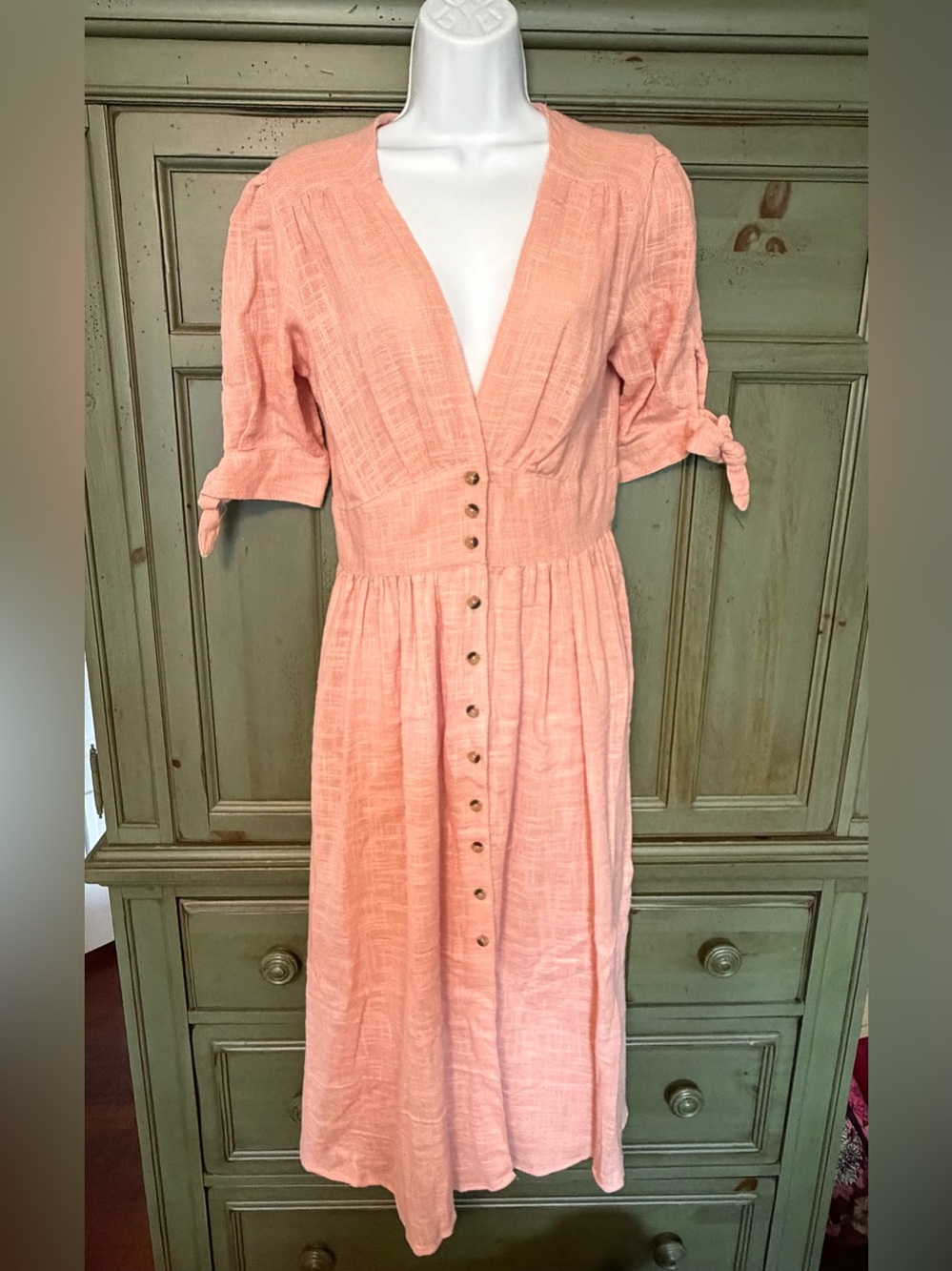 NWT Free People Peach Button-Front Midi Dress with Tie Sleeves